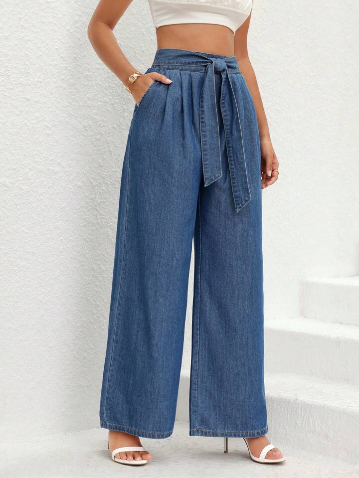 CM-BS692337 Women Casual Seoul Style Medium Wash High Waist Belted Wide Leg Jeans