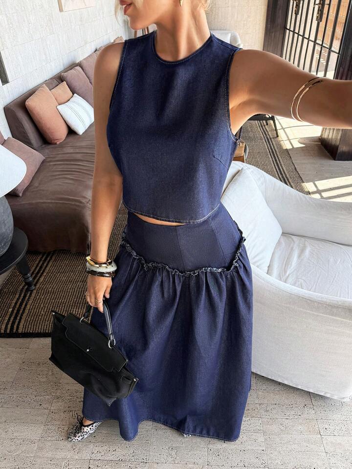 CM-SS155777 Women Casual Seoul Style Dark Wash Sleeveless Denim Vest Top With Flared Long Skirt - Set
