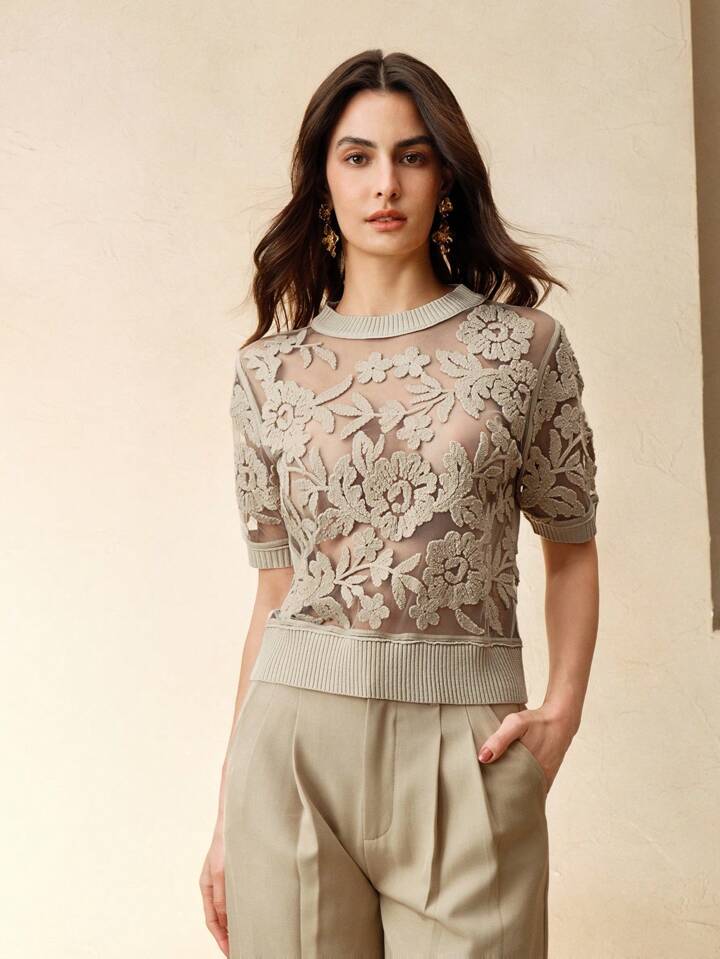 CM-TS615133 Women Casual Seoul Style Floral Mesh Round Neck Short Sleeve Knit Top - Apricot