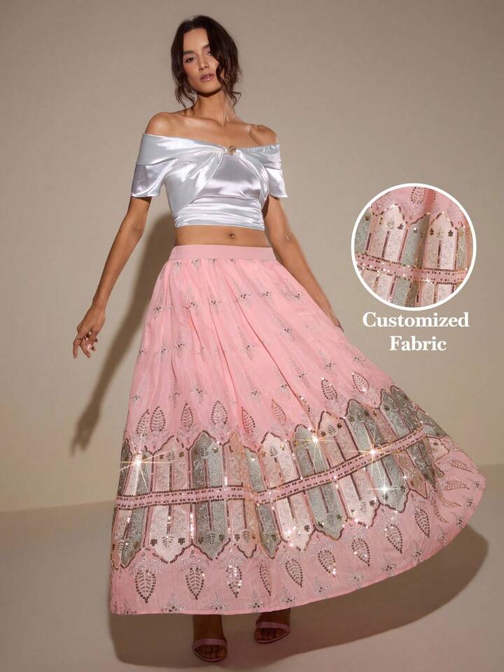 CM-BS058921 Women Elegant Seoul Style High Waist Bead Gold Thread Embroidery Chiffon Maxi Skirt - Pink