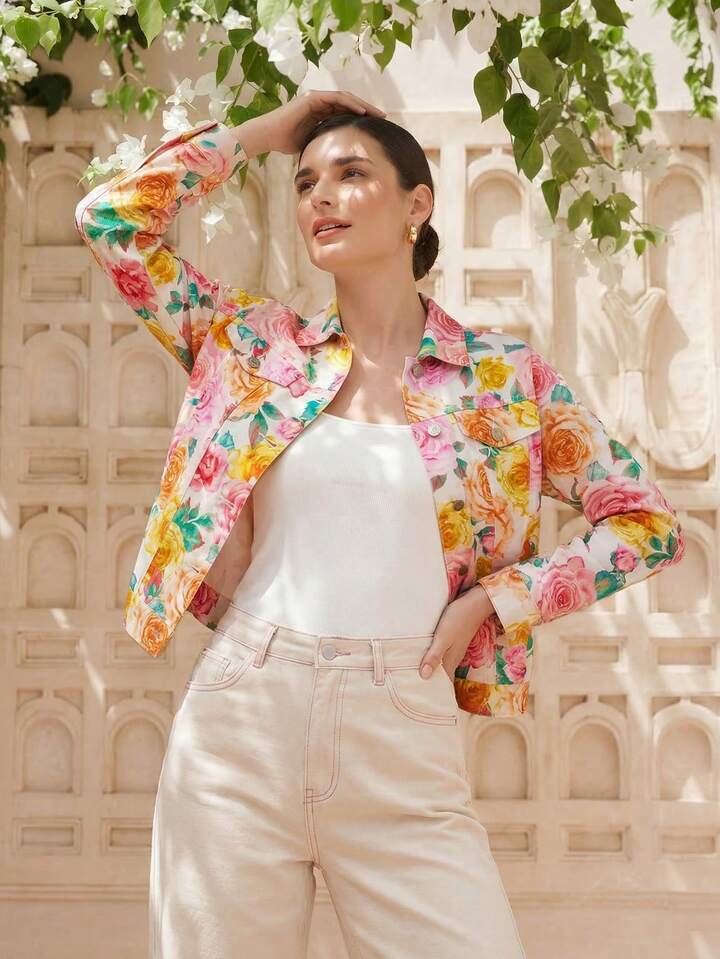 CM-CS615979 Women Casual Seoul Style Collar Neckline Long Sleeve Rose Floral Print Loose Denim Jacket
