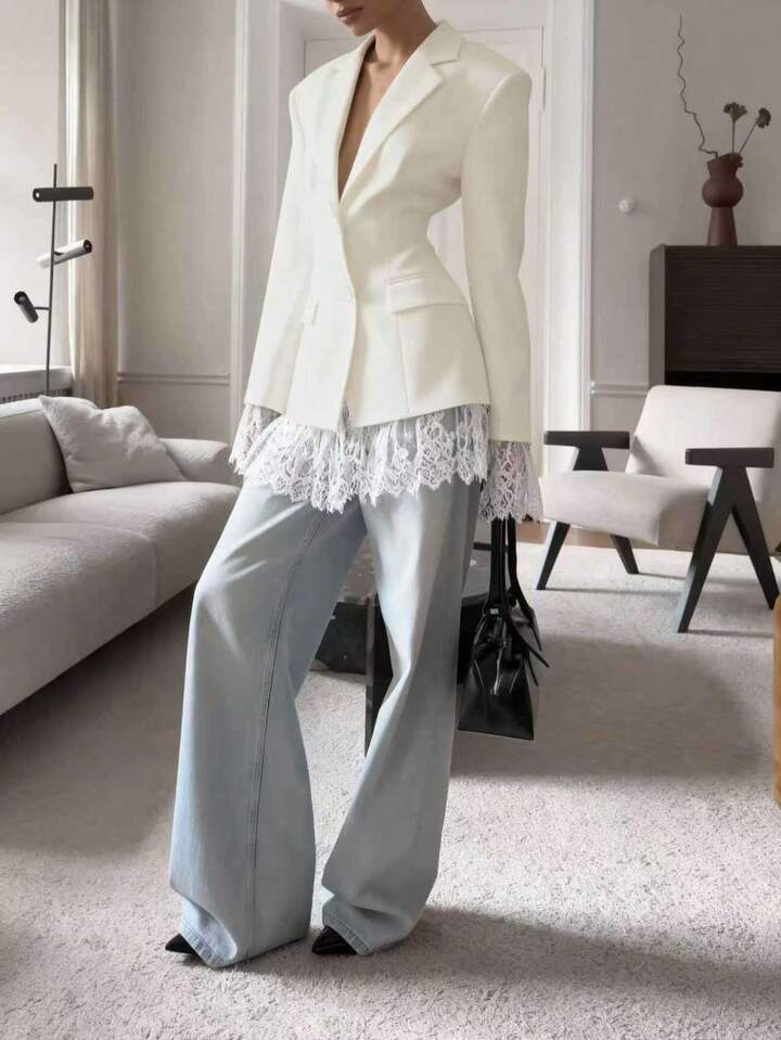 CM-CS088473 Women Elegant Seoul Style Solid Color Pocket Lace Patchwork Button Waist Blazer Jacket - Apricot