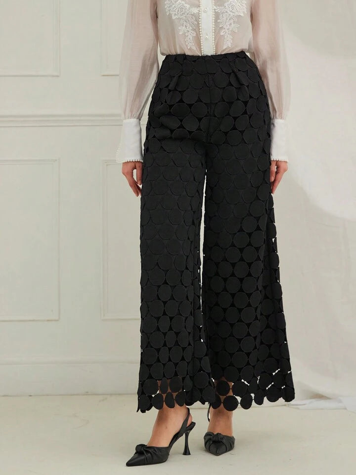 CM-BS035384 Women Trendy Bohemian Style Elastic Waist Lace Straight Leg Trousers - Black