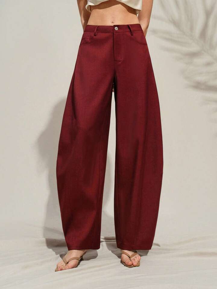 CM-BS980898 Women Casual Seoul Style Belted Flared Wide Leg Pants - Burgundy