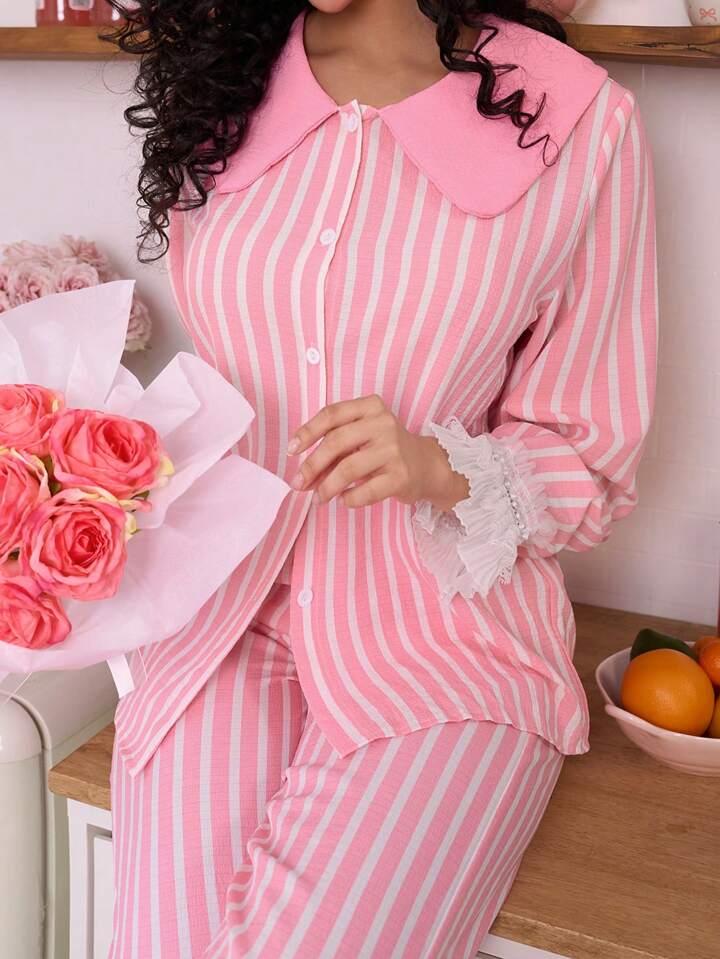 CM-LS611601 Women Trendy Seoul Style Peter Pan Collar Lace Patchwork Loose Pajama Set - Pink