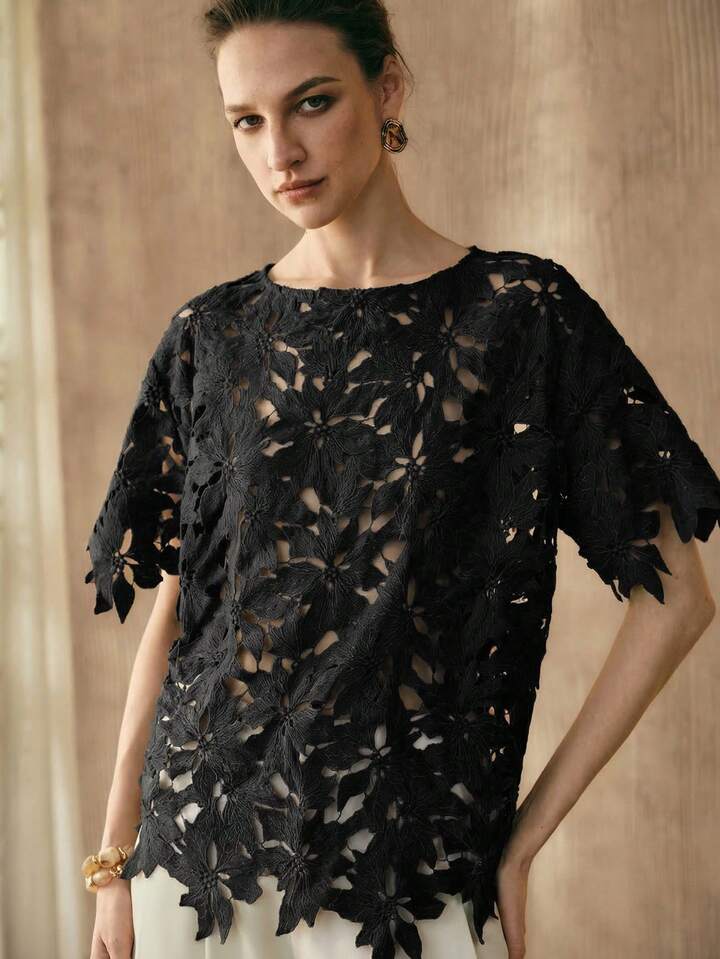 CM-TS052635 Women Trendy Bohemian Style Embroidered Round Neck Short Sleeve Top - Black