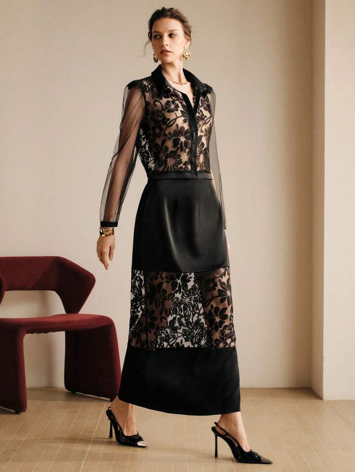 CM-SS699699 Women Elegant Seoul Style Hollow-Out Lace Collar Neckline  Long Sleeve Top With Maxi Skirt - Set