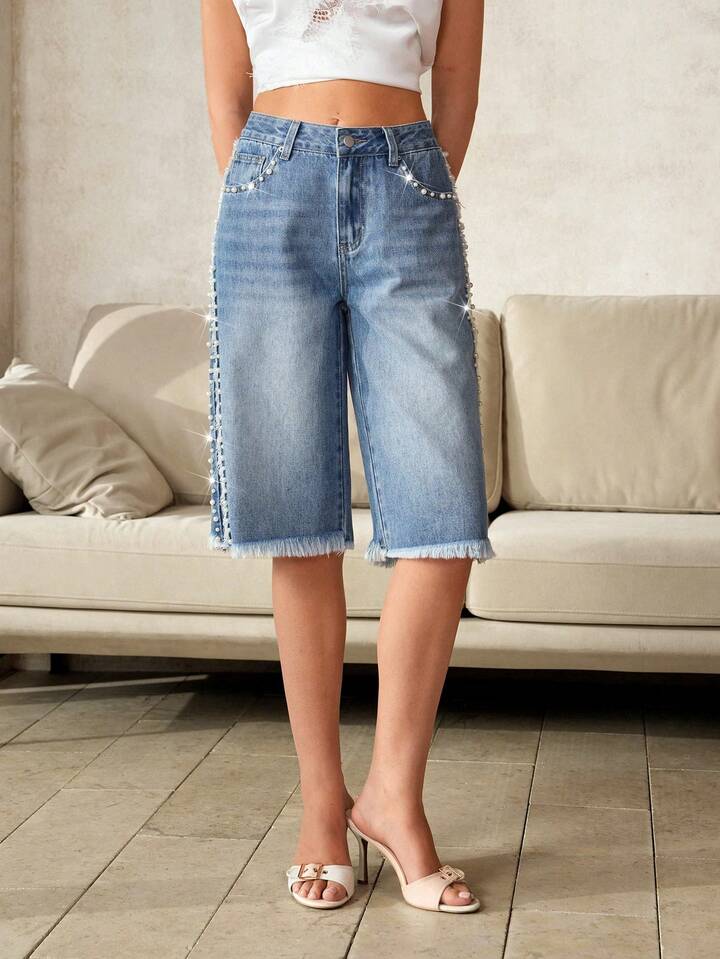 CM-BS298062 Women Casual Seoul Style Pocket Button Faux Pearl Decor Frayed Hem Denim Shorts - Blue