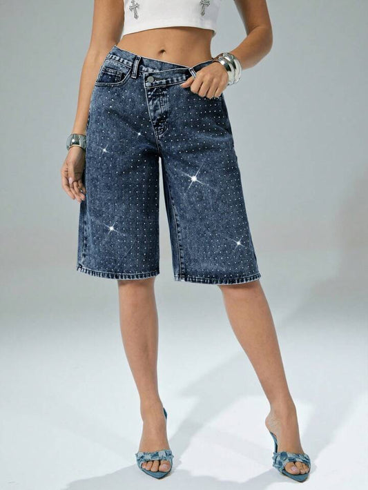 CM-BS488605 Women Casual Seoul Style Dark Wash Rhinestone Embellished Overlapping Denim Capri Shorts