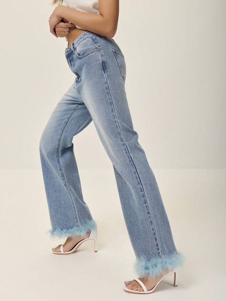 CM-BS588115 Women Casual Seoul Style Medium Wash Fluffy Patchwork Loose Flare Leg Jeans