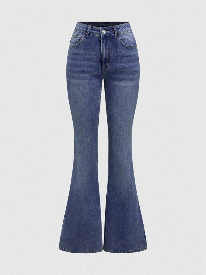 CM-BS882248 Women Casual Seoul Style Punk Y2K Butt Star Embroidered Tight Flared Jeans - Blue