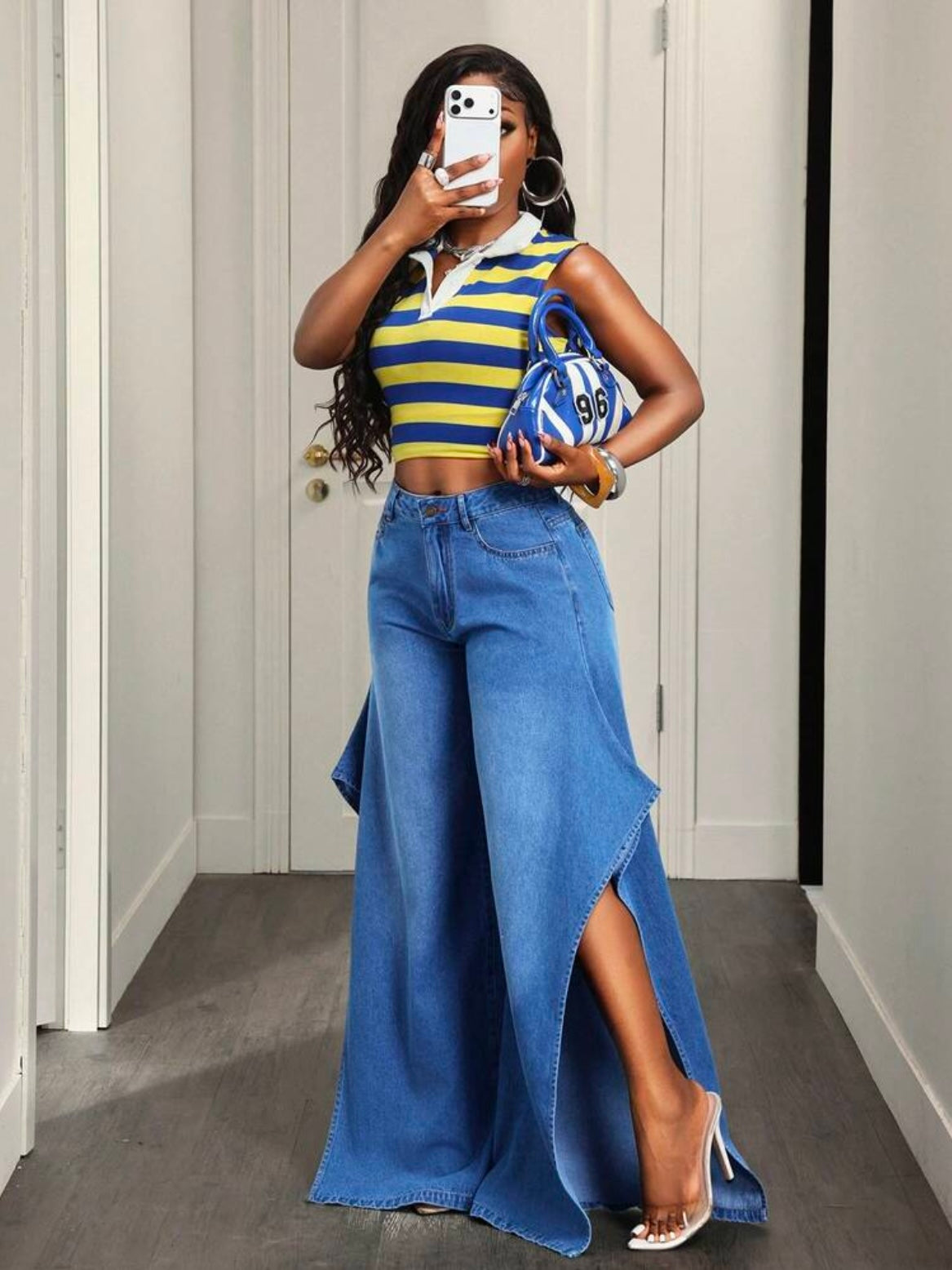 CM-BS843650 Women Casual Seoul Style Split Mid Waist Split Thigh Straight Leg Denim Jeans - Blue