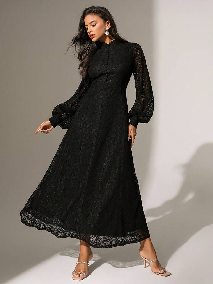CM-DS748677 Women Elegant Seoul Style Lace Mandarin Collar Long Sleeve A-Line Dress - Black
