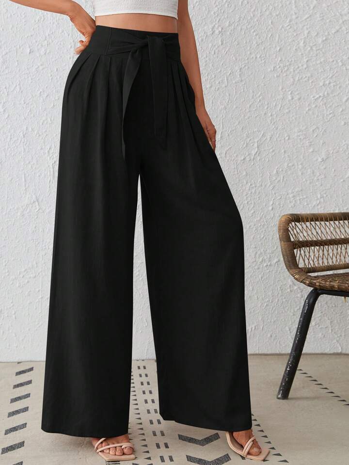 CM-BS134677 Women Trendy Bohemian Style Pleated Woven Wide-Leg Pants - Black