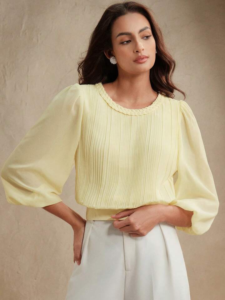 CM-TS652461 Women Elegant Seoul Style Cable Knit Round Neck Pleated Lantern Sleeve Slim Fit Blouse - Yellow