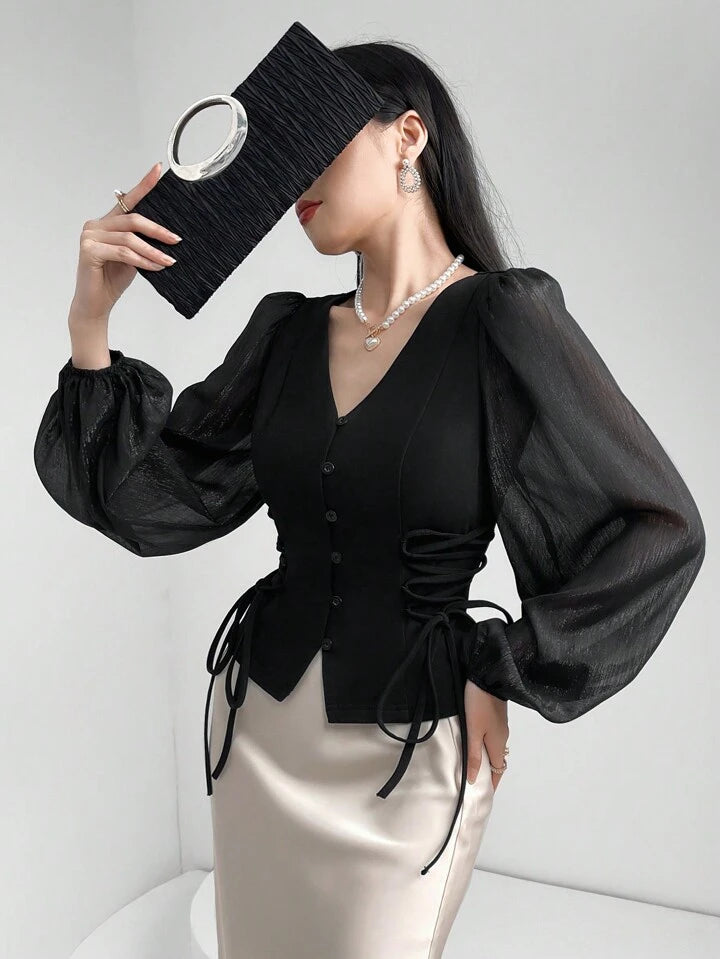 CM-TS854985 Women Elegant Seoul Style Sheer V-Neck Puff Lantern Sleeves Lace-Up Detail Blouse - Black