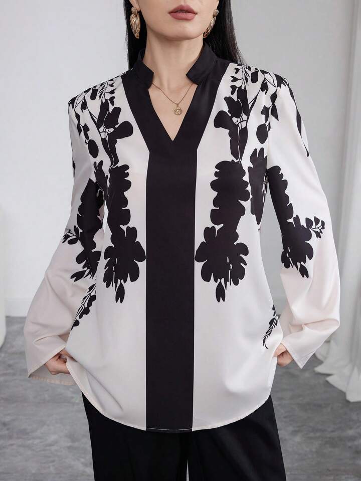 CM-TS697845 Women Trendy Bohemian Style Floral Print Long Sleeve Notched V-Neck Blouse