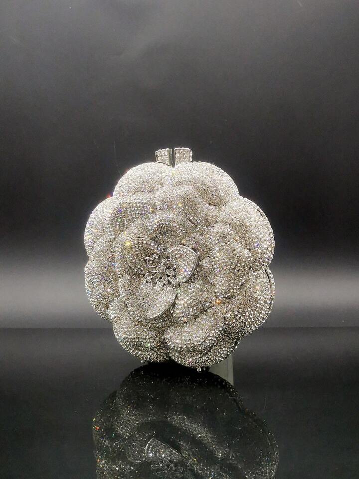 CM-BGS061611 Women Elegant Seoul Style Floral Design Rhinestone Crystal Handmade Clutch Bag - Silver