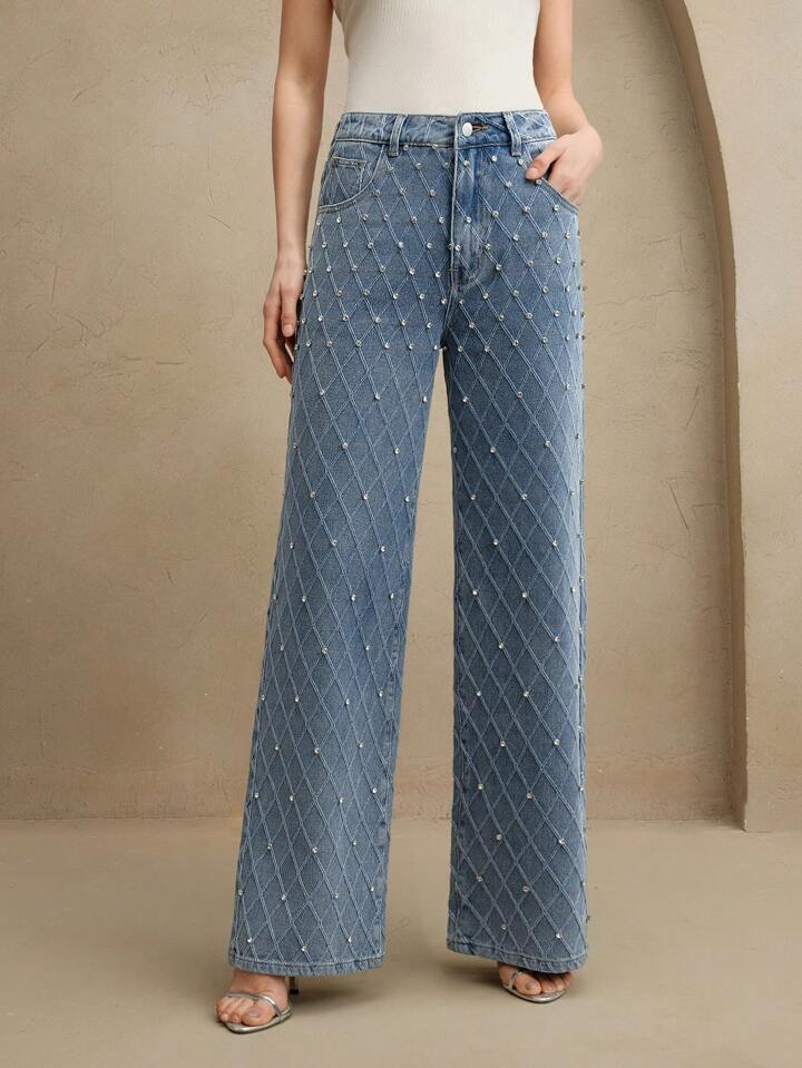 CM-BS388817 Women Elegant Seoul Style Mid Waist Beaded Embellished Straight Leg Jeans - Blue