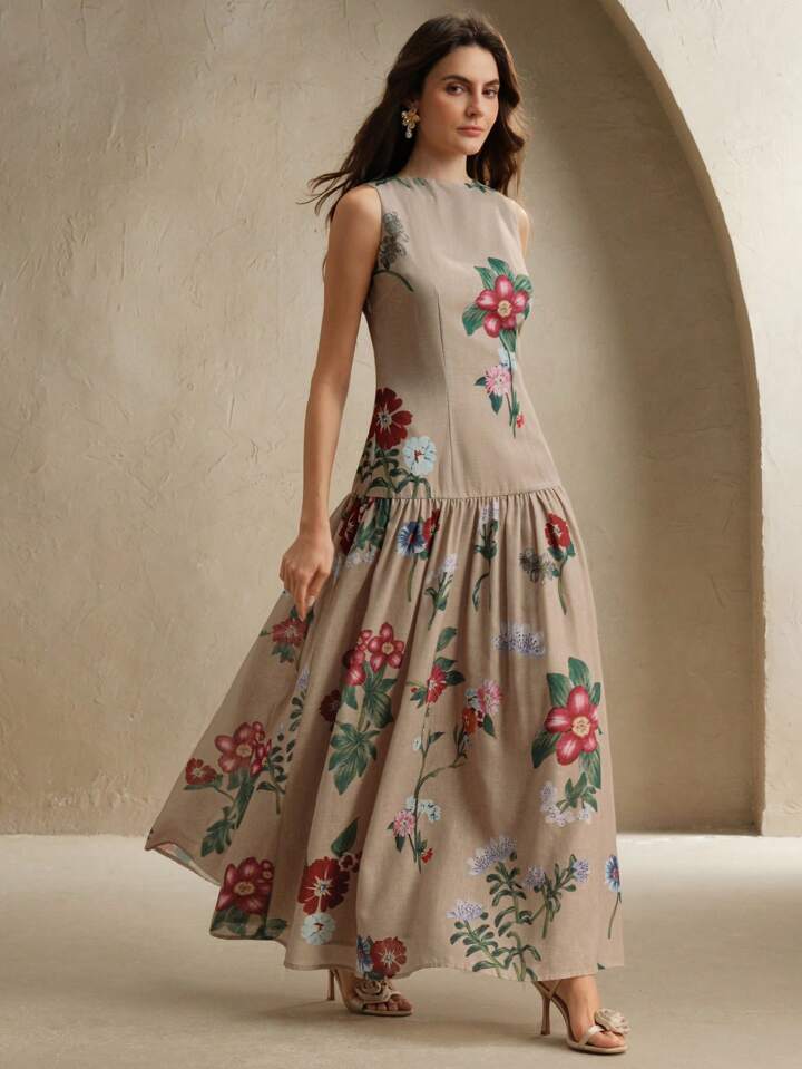 CM-DS855624 Women Elegant Seoul Style Floral Print Stand Collar Sleeveless Low Waist Swing Long Dress