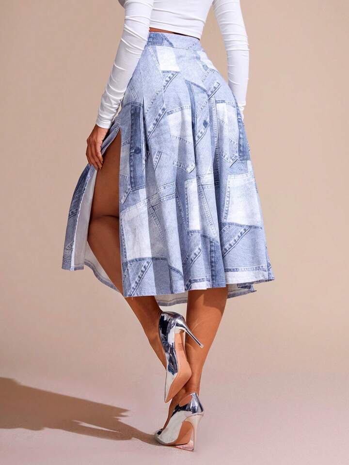 CM-BS406940 Women Casual Seoul Style Printed Patchwork Midi Denim Skirt With Slit