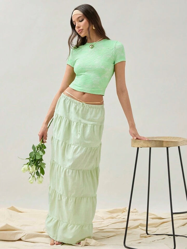 CM-BS019082 Women Trendy Bohemian Style Ultra Low Waist Pleated Maxi Skirt - Mint Green