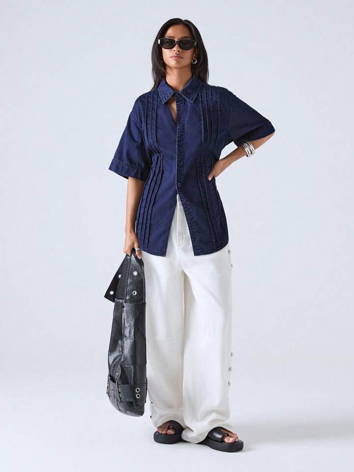 CM-TS825911 Women Elegant Seoul Style Dark Wash Collar Neckline Short Sleeve Single-Breasted Denim Jacket