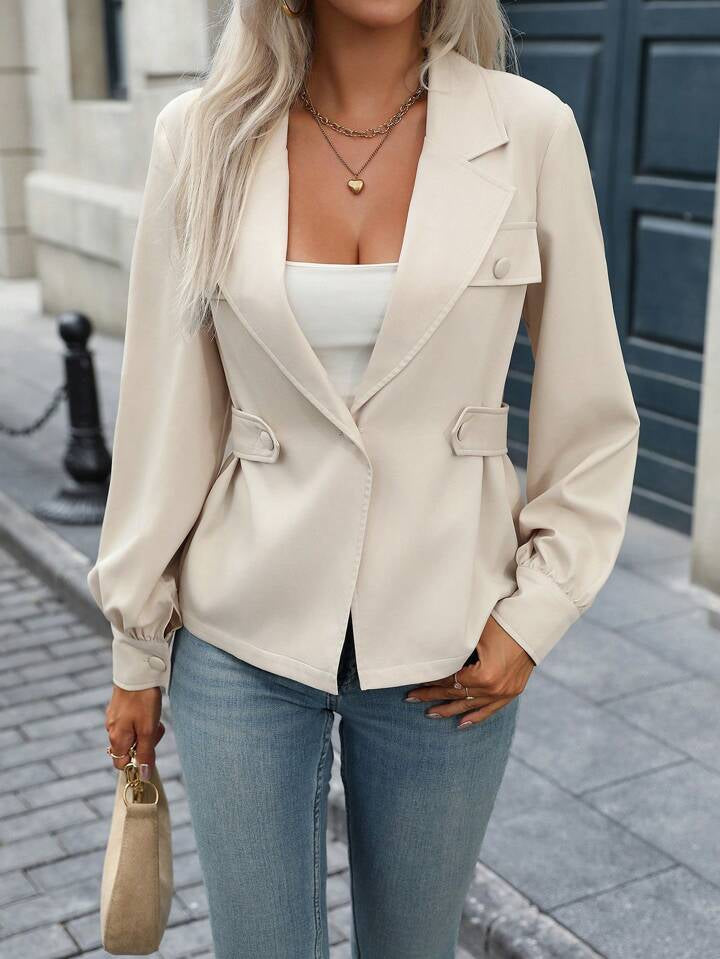 CM-TS533111 Women Elegant Seoul Style Stand Collar Lantern Sleeves Waist Decor Pockets Blouse