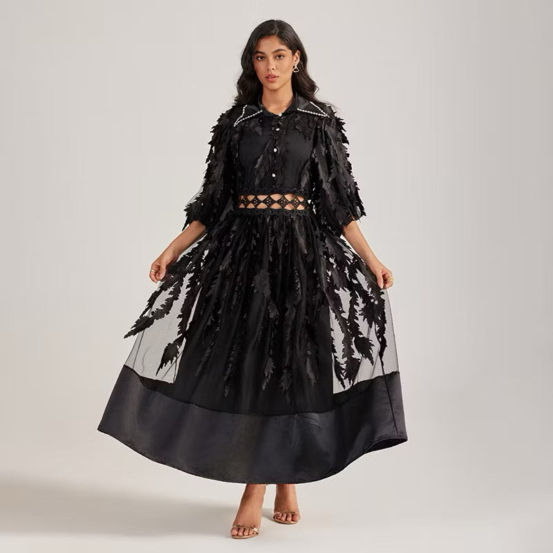 CM-DY055505 Women Elegant European Style Collar Rhinestone Neckline Half Sleeve Hollow Out Long Dress - Black