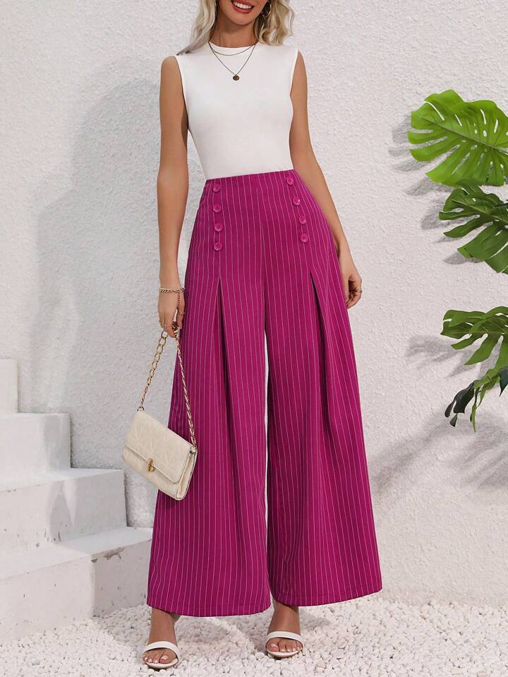 CM-BS907070 Women Casual Seoul Syle Striped High Waist Pleated Wide Leg Pants