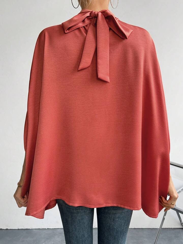 CM-TS713863 Women Casual Seoul Style Stand Collar Tie Back Batwing Sleeve Shirt - Rose Red