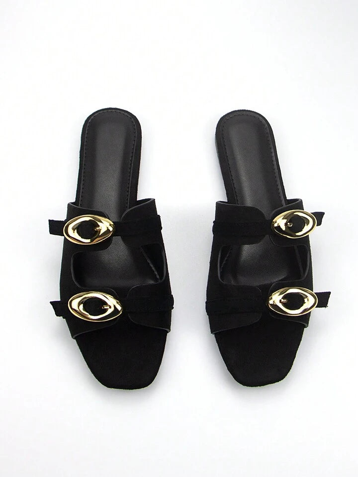 CM-SHS918088 Women Trendy Seoul Style Suede Square Toe Golden Buckle Decor Flat Mules With Adjustable Strap - Black