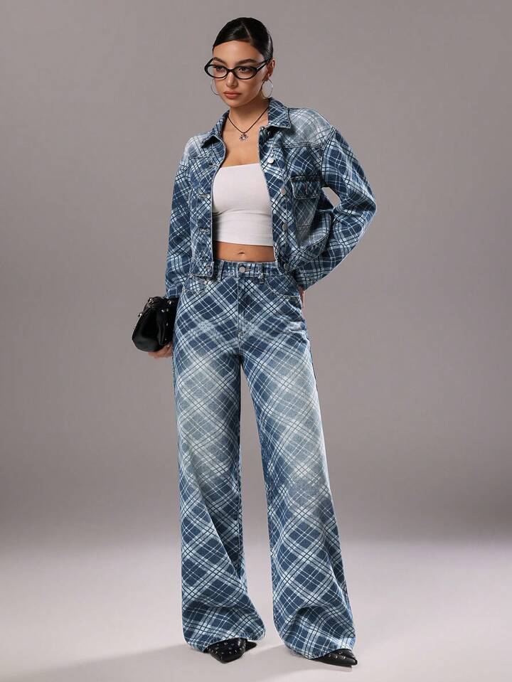 CM-BS676228 Women Casual Seoul Style Medium Wash Diamond Plaid Mid-Waist Wide Leg Jeans