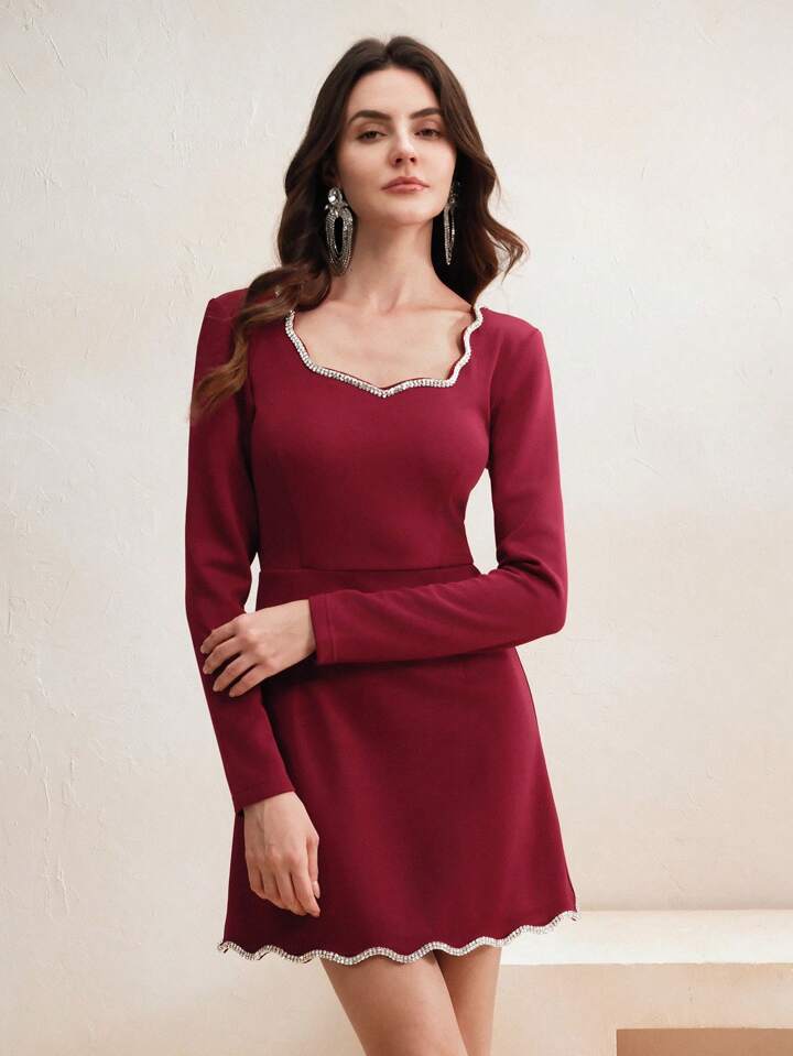 CM-DS463087 Women Elegant Seoul Style Diamond Trim Decor Square Neck Fitted Short Cocktail Dress