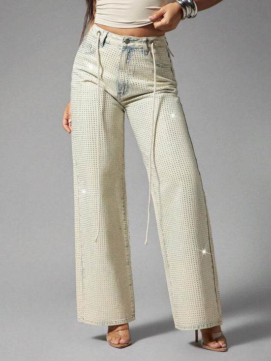 CM-BS239454 Women Elegant Seoul Style High Waist Pocketed Button Rhinestone Embellished Wide Leg Jeans
