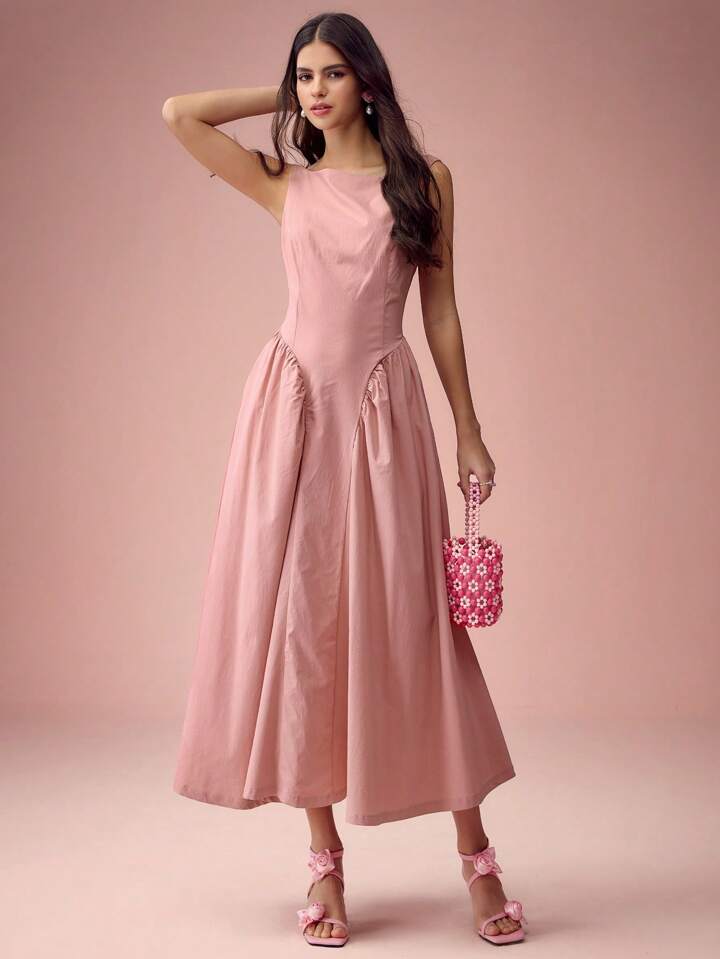 CM-DS145173 Women Elegant Seoul Style Solid Color Round Neck Pleated Long Sleeveless Dress - Pink