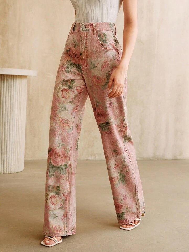 CM-BS799989 Women Casual Seoul Style Mid Waist Floral Printed Straight Leg Jeans - Pink