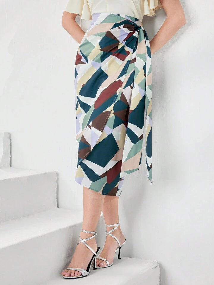 CM-BS808550 Women Elegant Seoul Style Geometric Print Knot Side Wrap Skirt