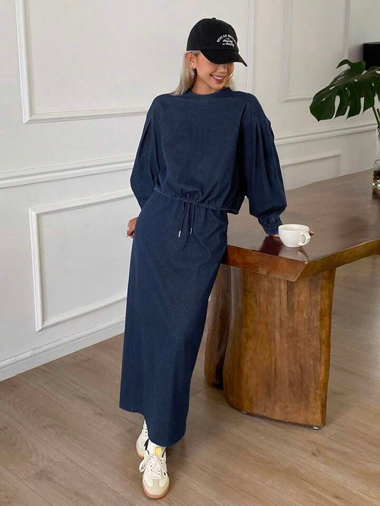 CM-SS921471 Women Casual Seoul Style Solid Color Medium Wash Round Neck Loose Blouse With Denim Skirt - Set