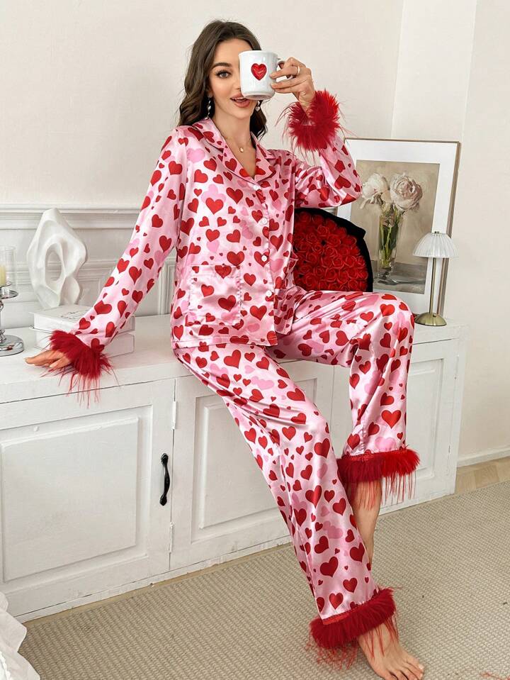 CM-LS331818 Women Trendy Seoul Style Faux Fur Patchwork Long Sleeve Top With Long Pants Pajama Set
