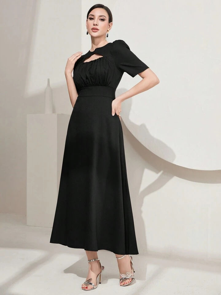 CM-DS460216 Women Elegant Seoul Style Short Sleeve Solid Color Hollow Out Dress - Black