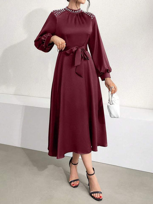 CM-DS111191 Women Elegant SeouL Style Stand Collar Faux Pearl Decor Lantern Sleeve Long Dress