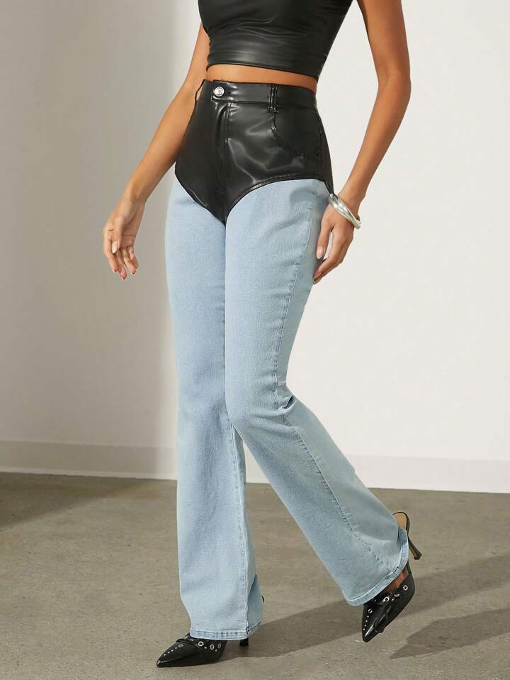 CM-BS693326 Women Casual Seoul Style Light Wash Colorblock PU Spliced Flared Jeans
