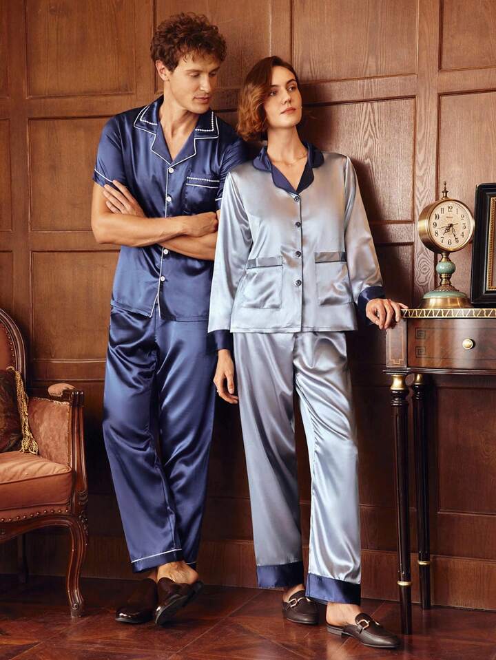 CM-LS073333 Women Trendy Seoul Style Satin Lapel Neckline Long Sleeve Pajama Set - Dusty Blue