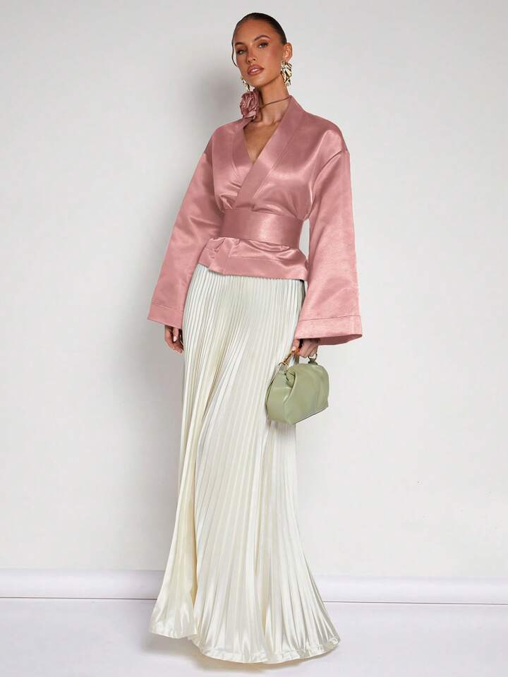 CM-TS829270 Women Elegant Seoul Style Solid Color V-Neck Wrap Flared Sleeve Blouse - Pink