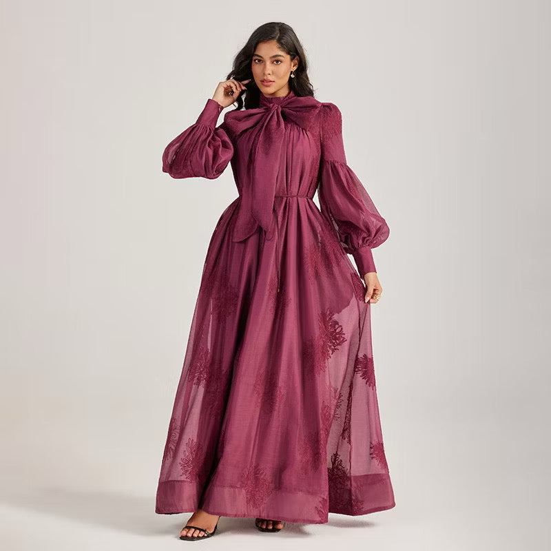 CM-DY055506 Women Elegant European Style Tie Neckline Lantern Sleeve Long Dress (Available in 2 colors)