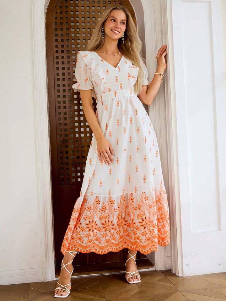 CM-DS838318 Women Elegant Seoul Style V-Neck Short Sleeve Floral Embroidered Dress