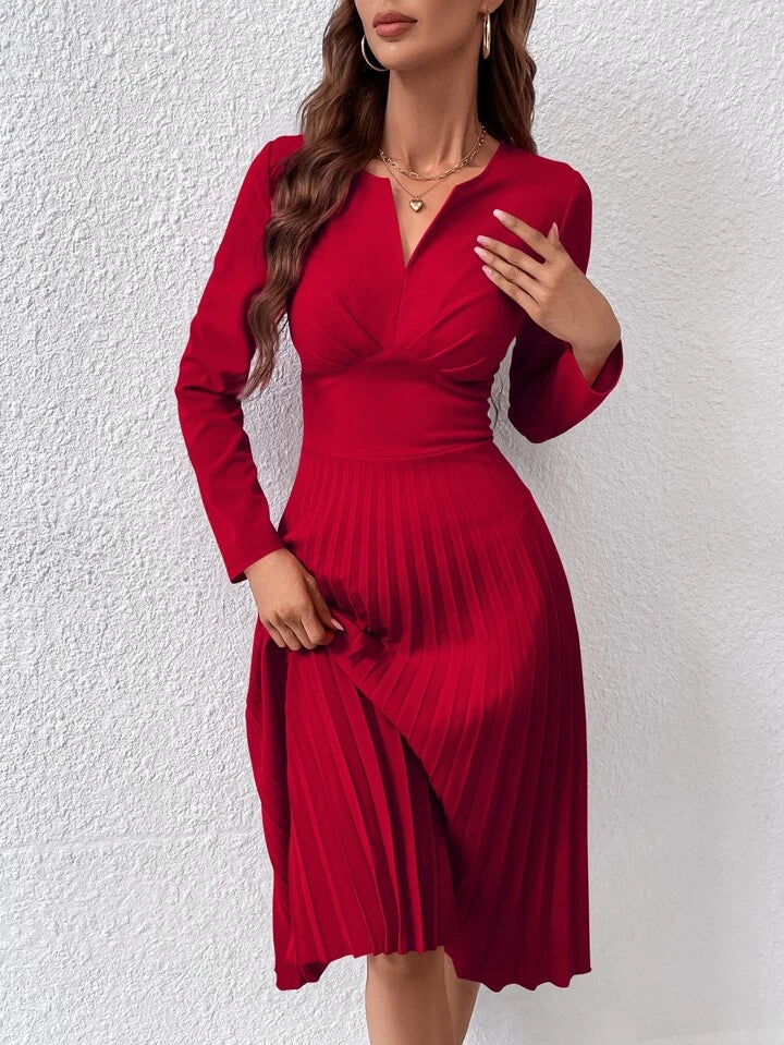 CM-DS918155 Women Elegant Seoul Style Sleeveless Notched Neckline Pleated Hem Dress - Red