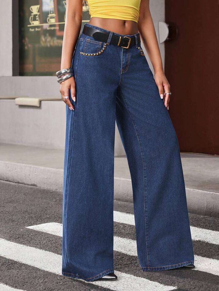 CM-BS311010 Women Casual Seoul Style Rivet Decor Black Leather Belt Low Waist Wide Leg Jeans - Blue