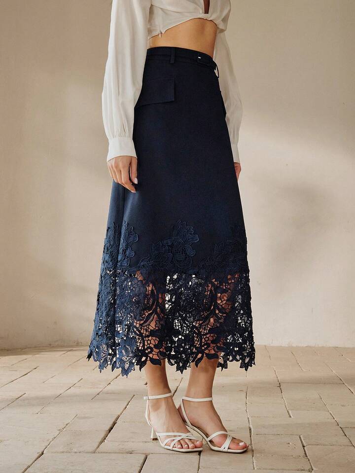 CM-BS827274 Women Elegant Seoul Style Hollow Embroidered Lace Patchwork A-Line Belted Mid-Length Skirt
